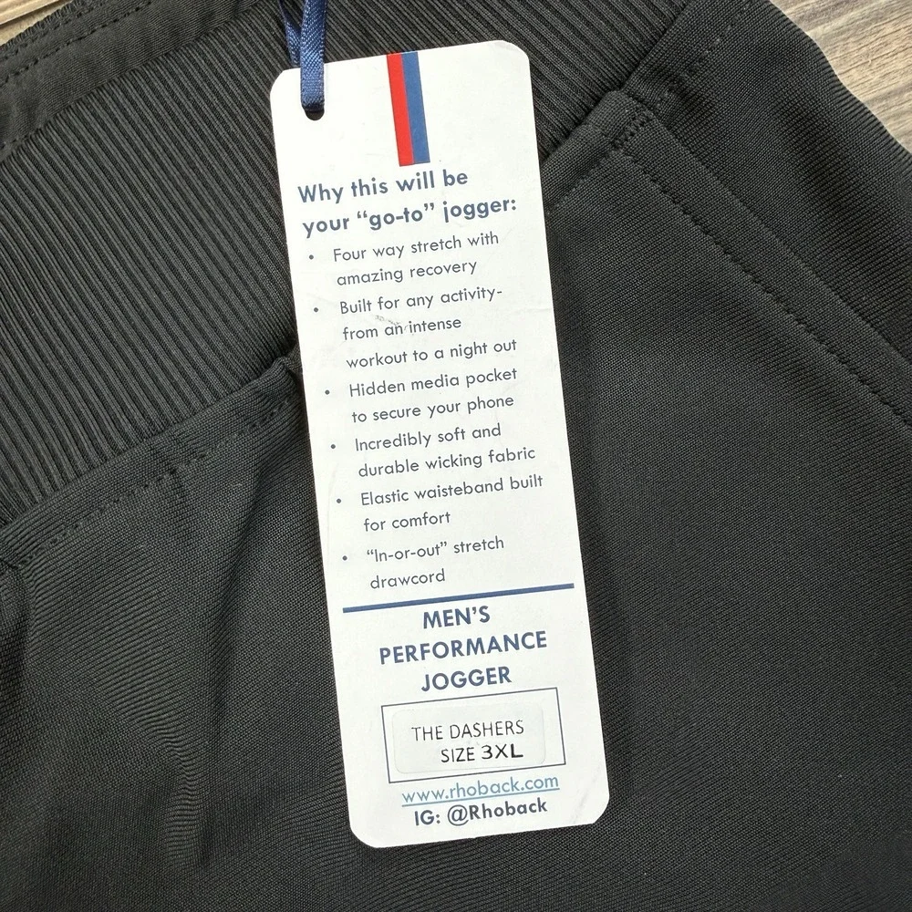 Rhoback Men's Dashers Performance Joggers‎ Pants Size 3XL Black Pockets NWT